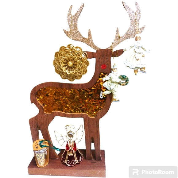 Other - Reindeer Blingy Gold Sequin/Wood Reindeer Figurine with Ornaments